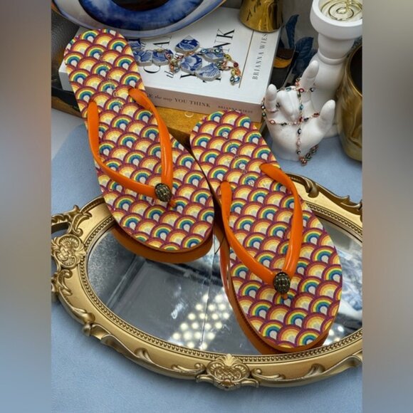 🆕 KURT GEIGER LONDON 🧿 NWOB Kensington Rainbow Flip Flops, Orange - Sz 37 US 7 - Picture 1 of 11